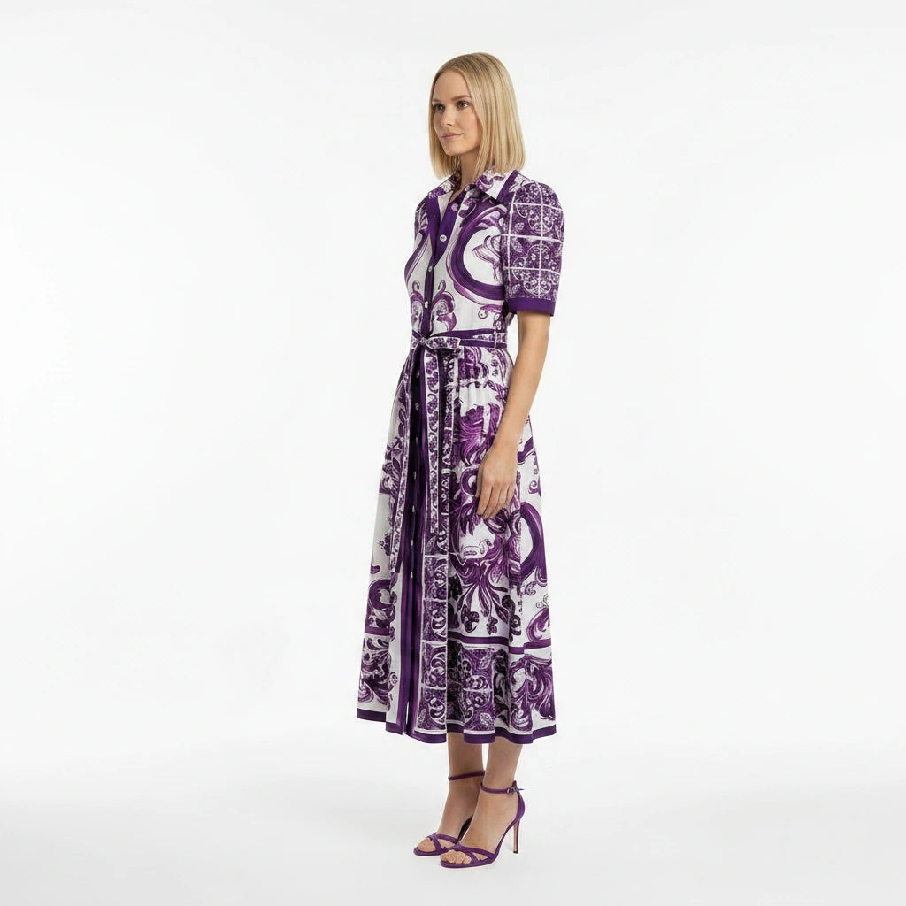 Purple Majolica print midi cotton shirt dress