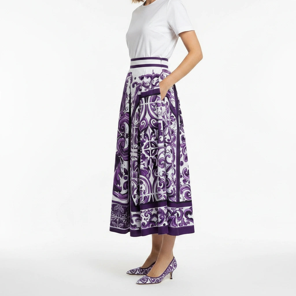 Purple Majolica print 100% cotton midi skirt