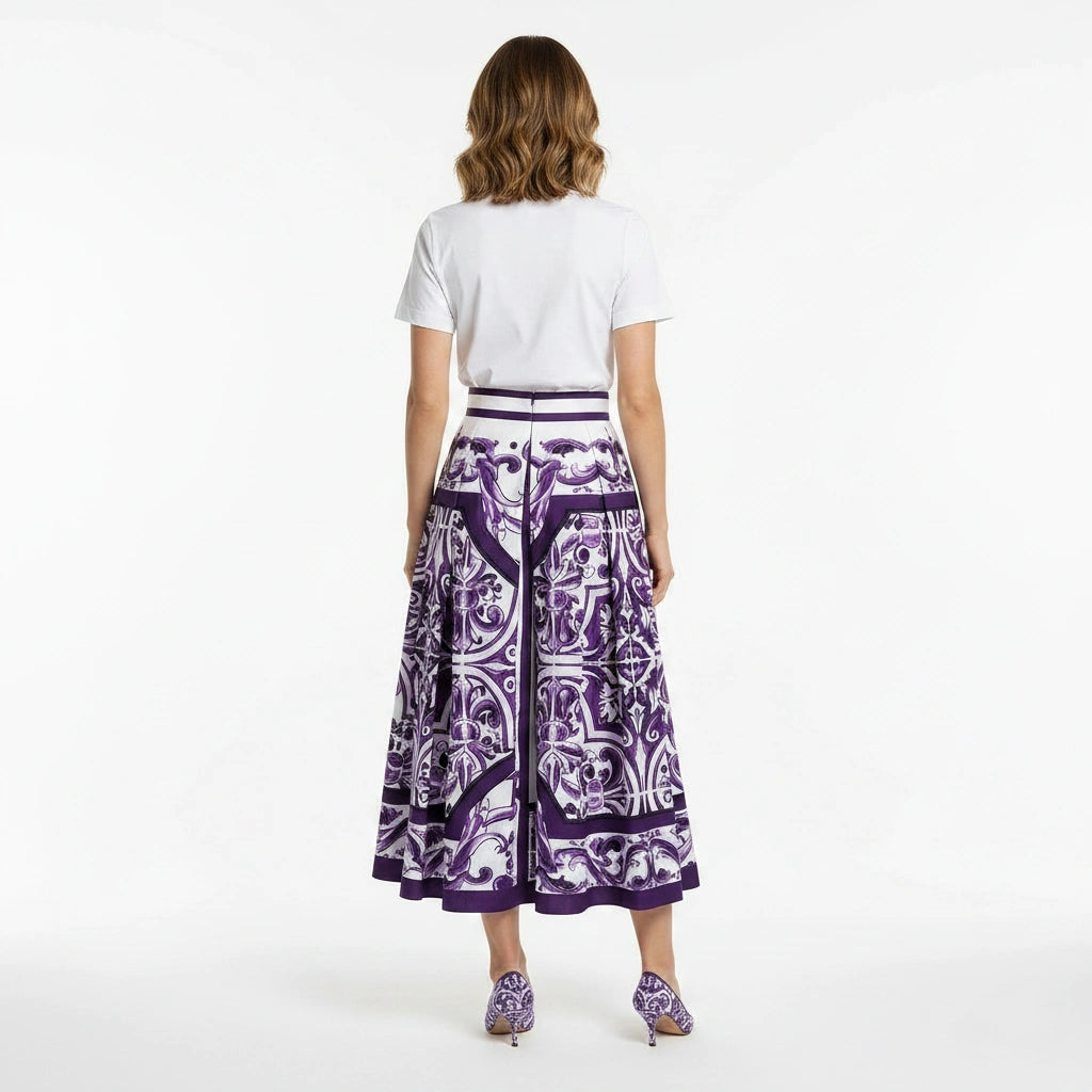 Purple Majolica print 100% cotton midi skirt