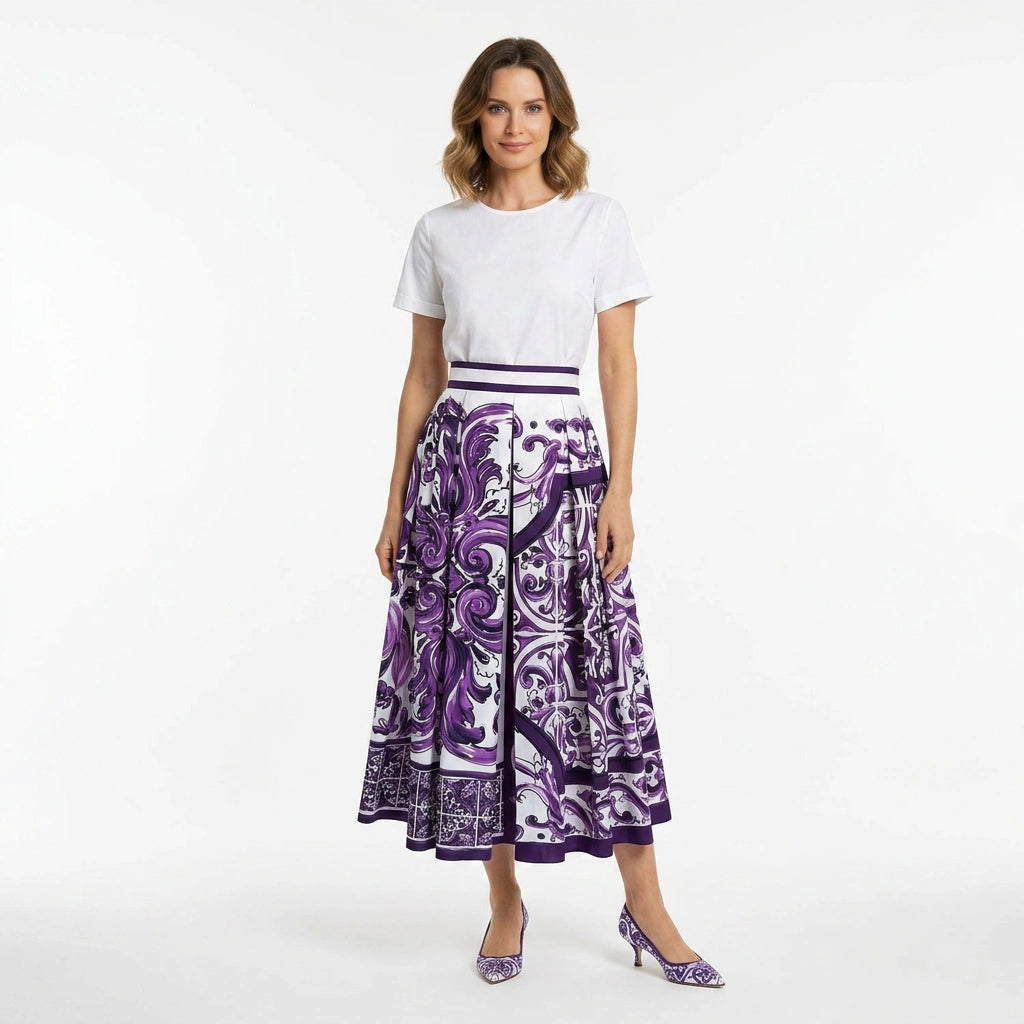 Purple Majolica print 100% cotton midi skirt