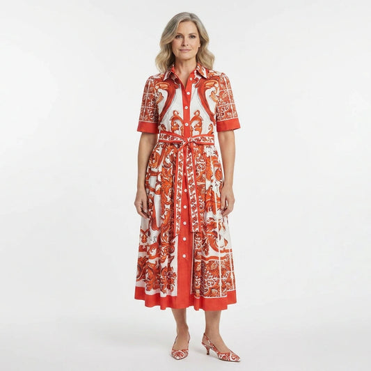 Orange Majolica Cotton Midi Shirt Dress