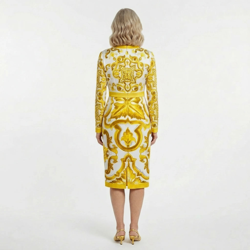 Yellow Majolica print long sleeve silk midi dress