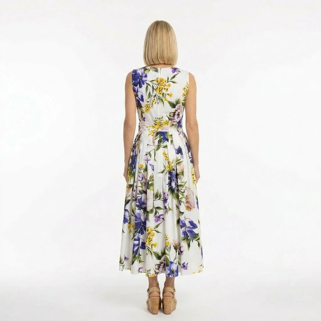 Italian Summer White Floral Cotton Midi Dress with Tie Belt