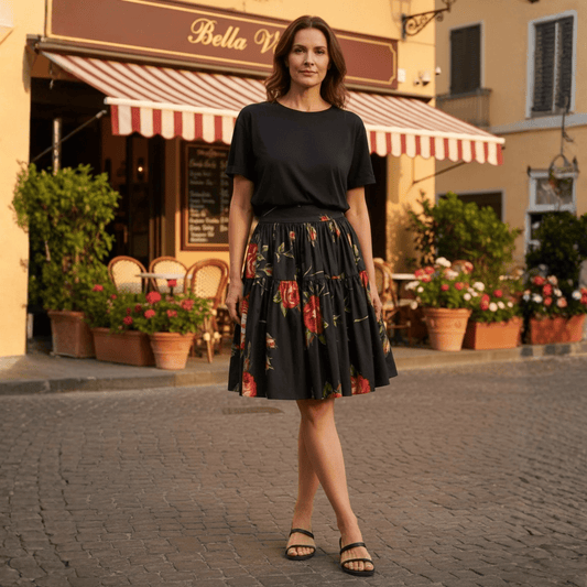 Midnight Roses Cotton Knee Length Skirt - Dress By Vicky