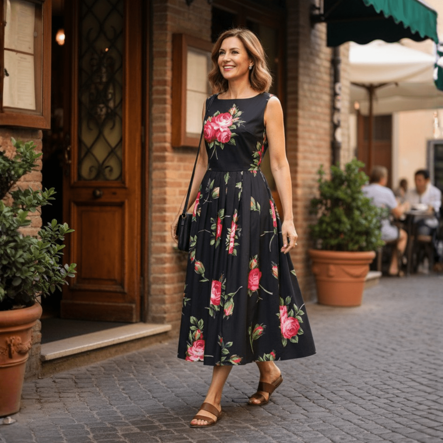 Midnight Roses Cotton Midi Dress with Pockets - Dress By Vicky