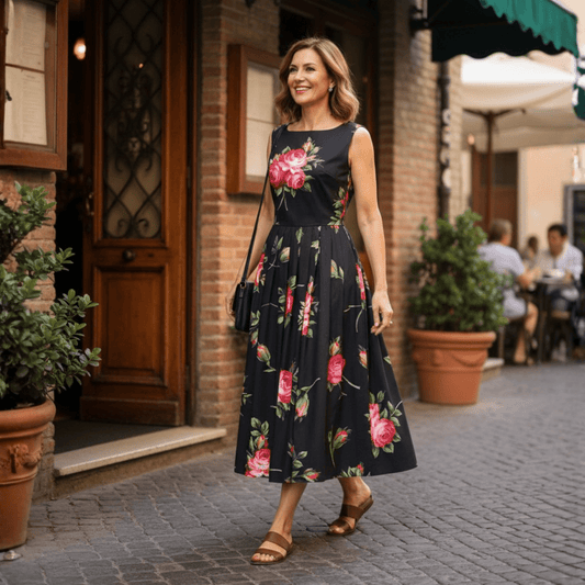 Midnight Roses Cotton Midi Dress with Pockets - Dress By Vicky