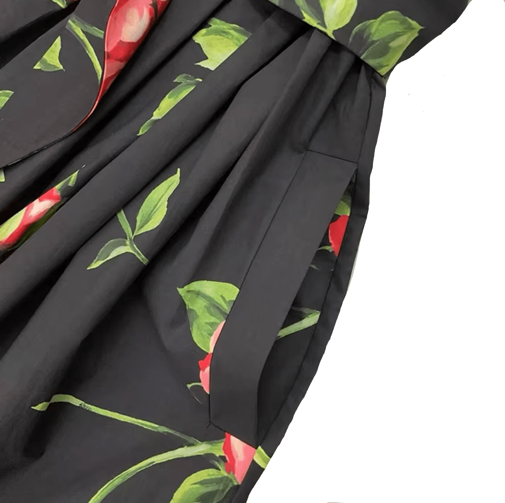 Midnight Roses Cotton Midi Dress with Pockets - Dress By Vicky