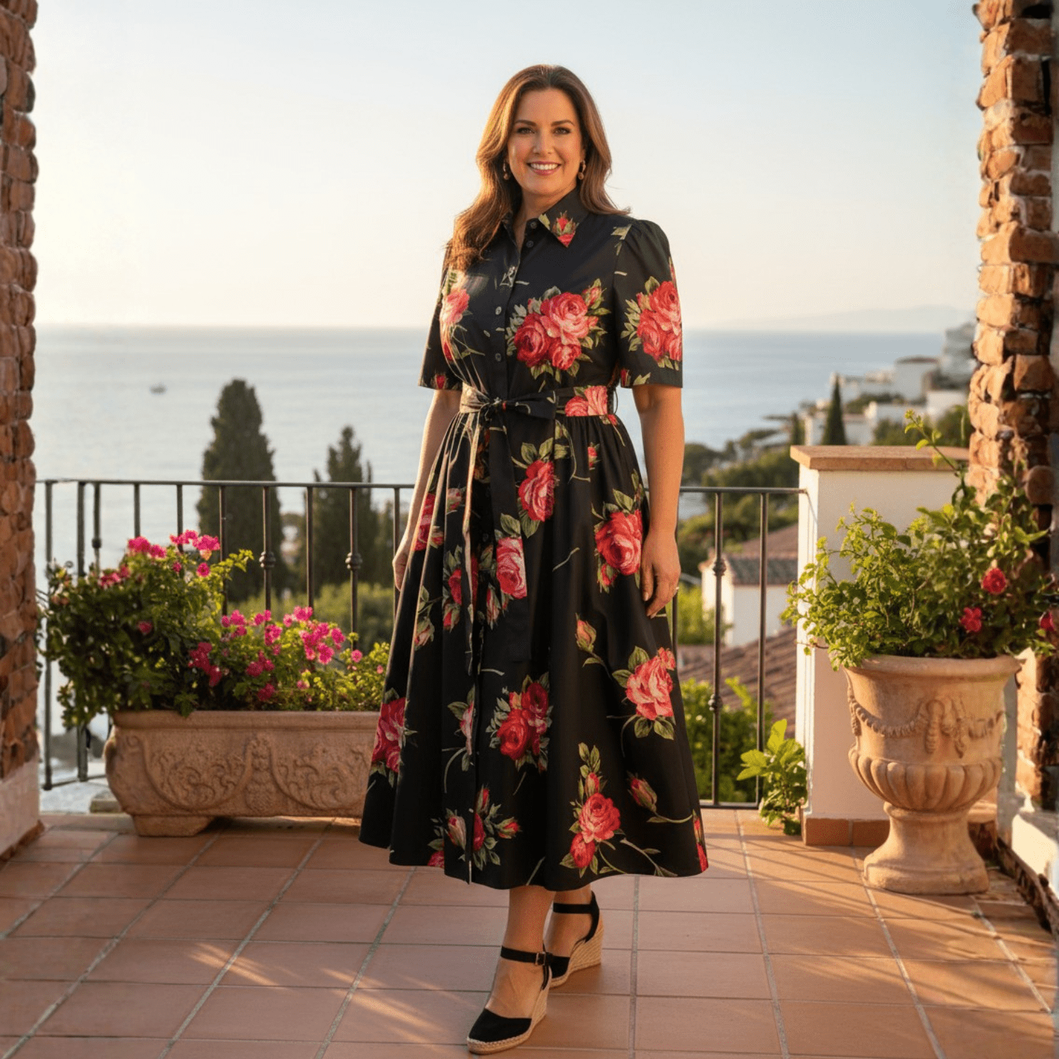 Midnight Roses Cotton Midi Shirt Dress - Dress By Vicky