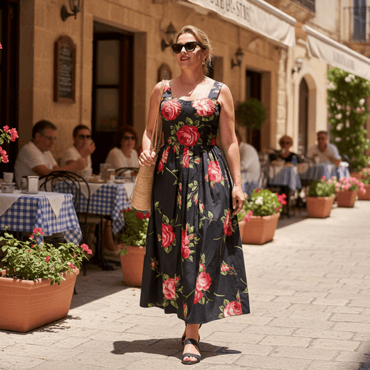 Woman in a floral dress walking on a street with outdoor seating and potted plants.