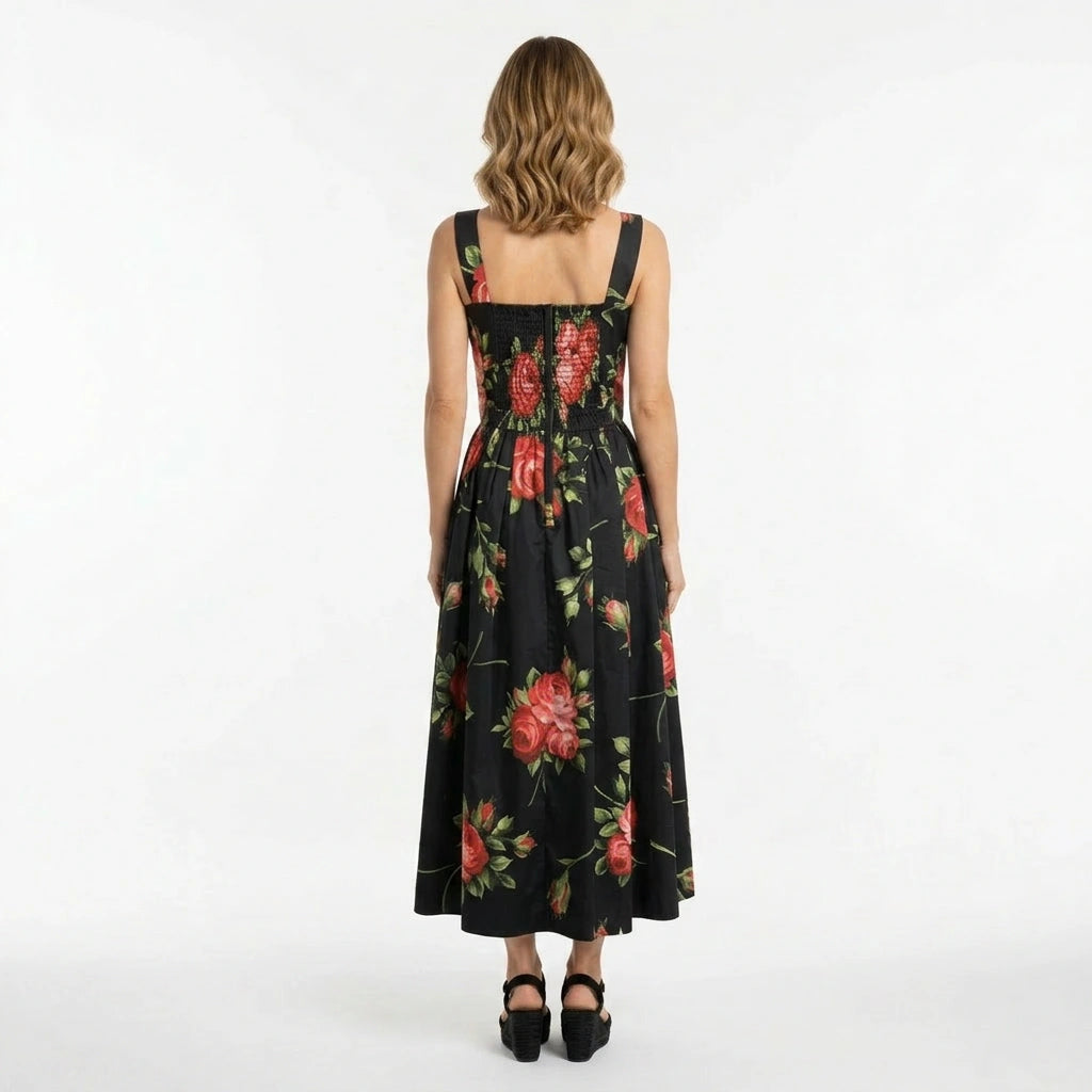 Midnight Roses Cotton Midi Dress with Padded Cups