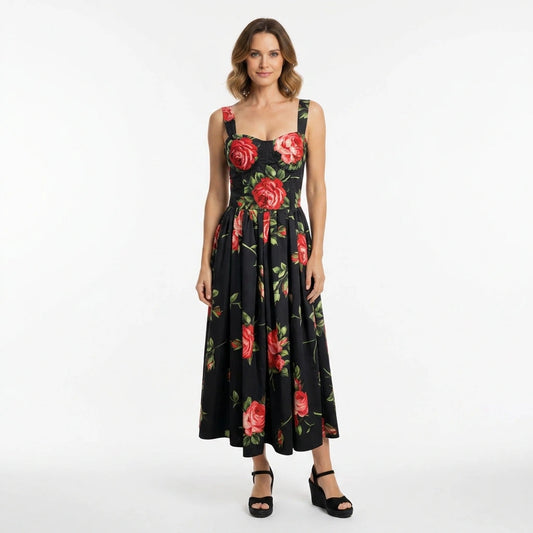 Midnight Roses Cotton Midi Dress with Padded Cups