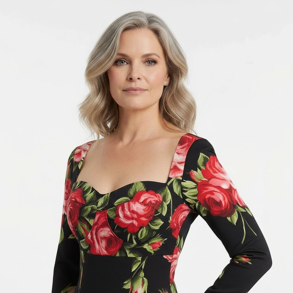 Midnight Roses Pure Silk Long Sleeve Midi Dress