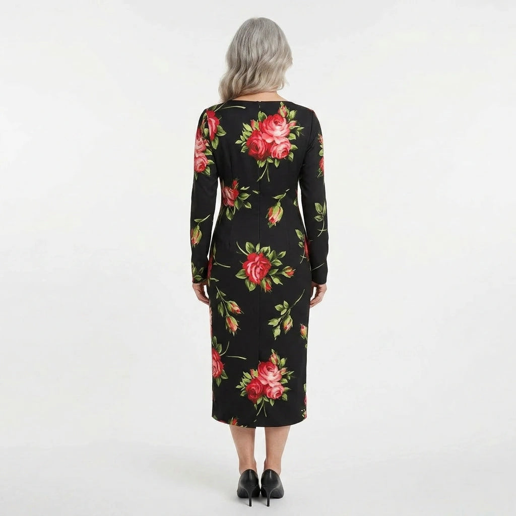 Midnight Roses Pure Silk Long Sleeve Midi Dress