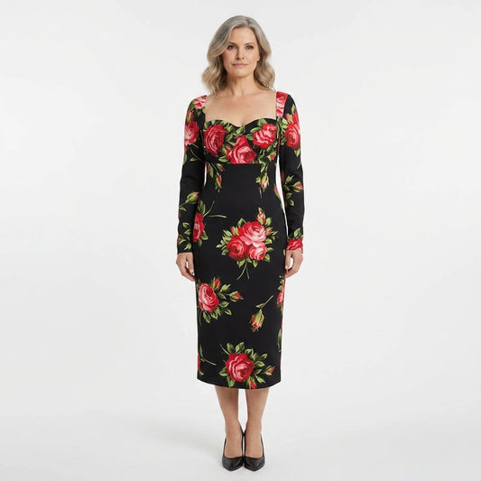 Midnight Roses Pure Silk Long Sleeve Midi Dress