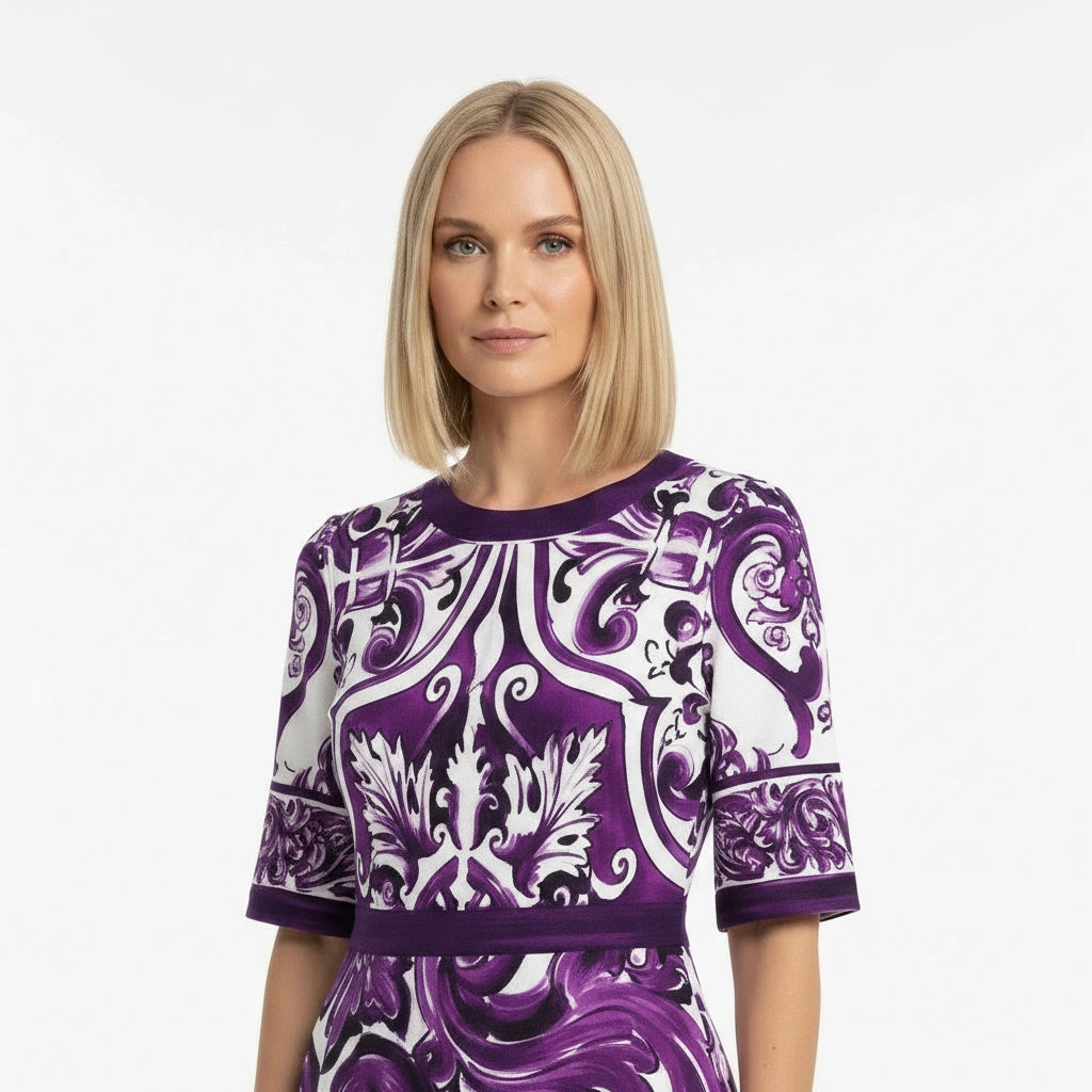 Italian Purple Majolica print short sleeve cotton mini dress