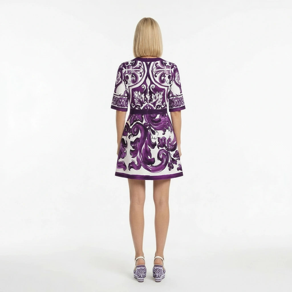 Italian Purple Majolica print short sleeve cotton mini dress