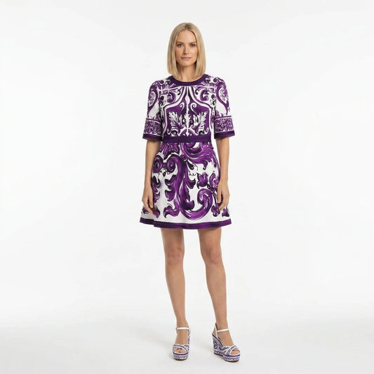 Italian Purple Majolica print short sleeve cotton mini dress