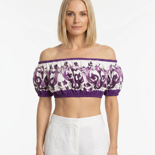 Purple Majolica Cotton Off-Shoulder Crop Top