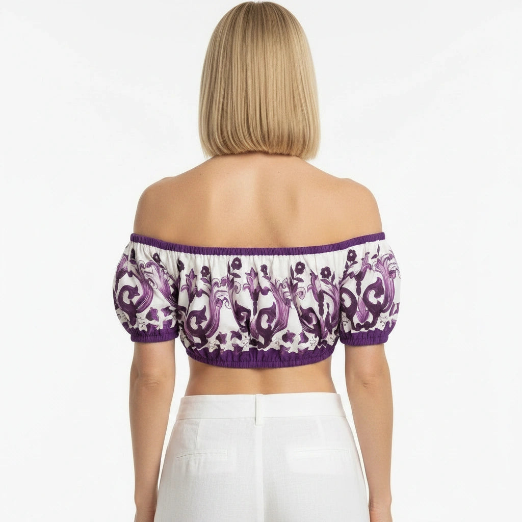 Purple Majolica Cotton Off-Shoulder Crop Top