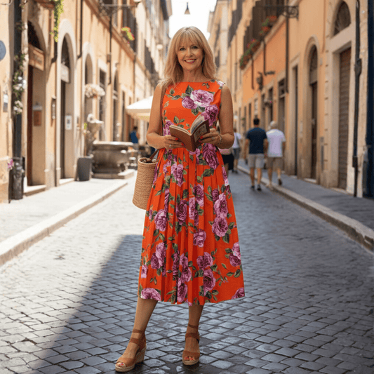 Orange cotton midi floral dress with low back - Dress By Vicky
