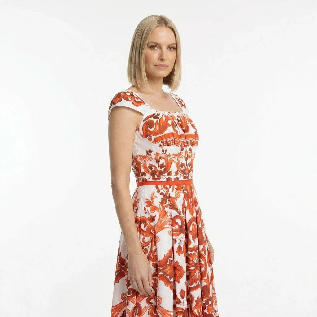 Orange Majolica Cotton Midi Dress