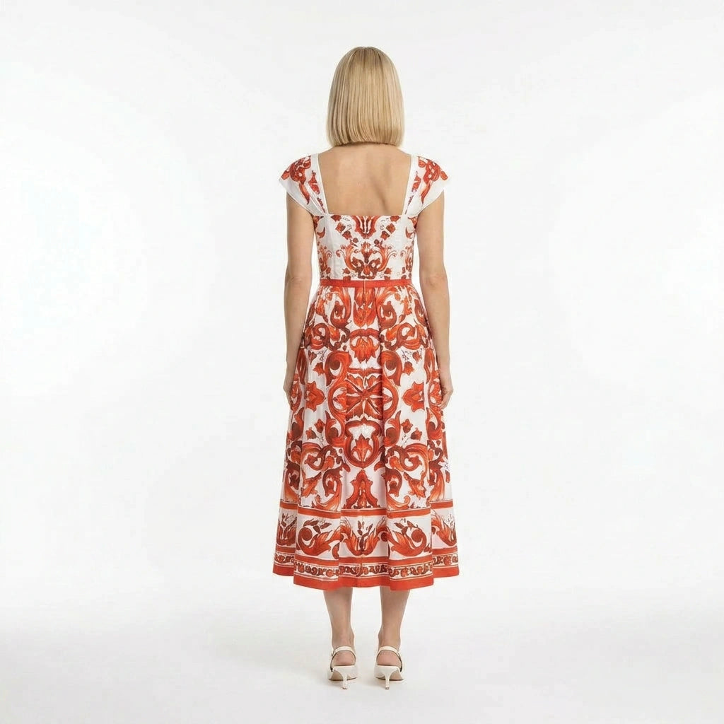 Orange Majolica Cotton Midi Dress