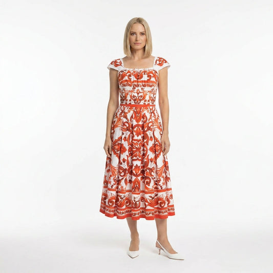 Orange Majolica Cotton Midi Dress