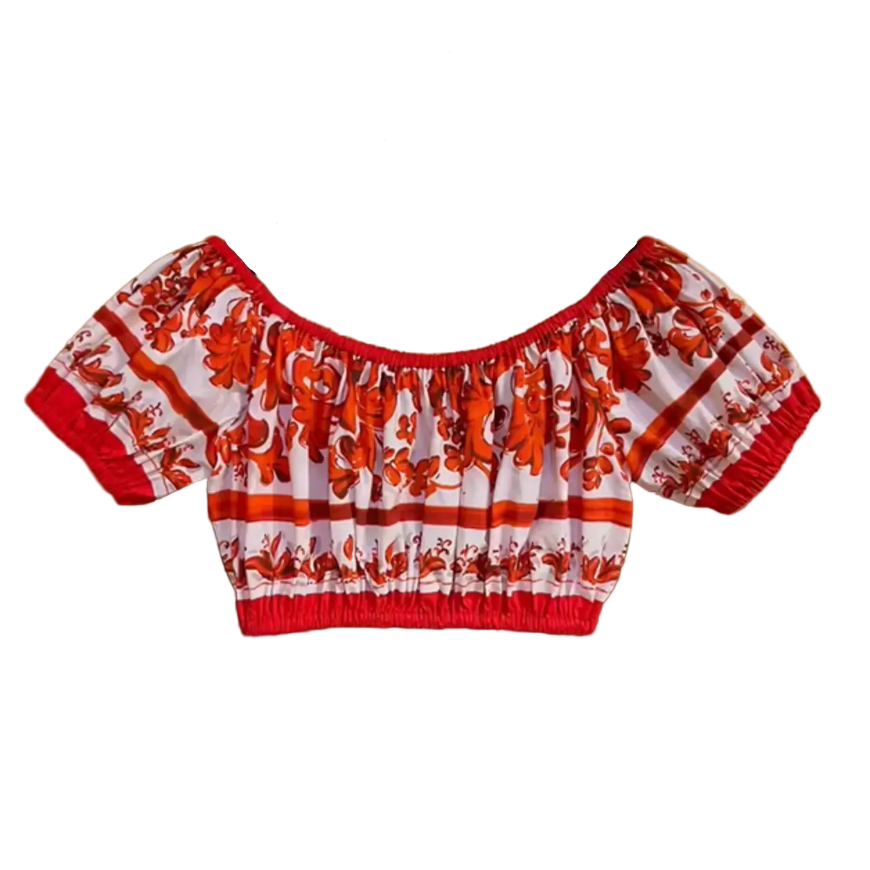 orange majolica crop off shoulder top for summer travels