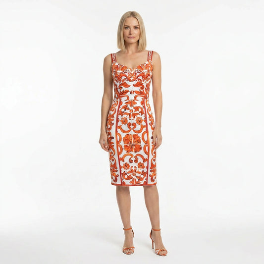 Orange Majolica Silk Bustier Knee-Length Dress