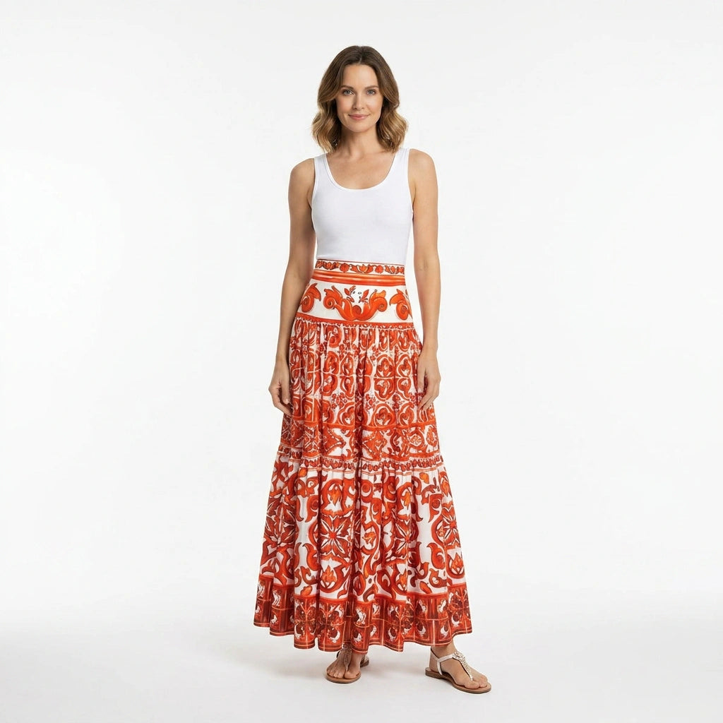 Orange Majolica Cotton Maxi Skirt