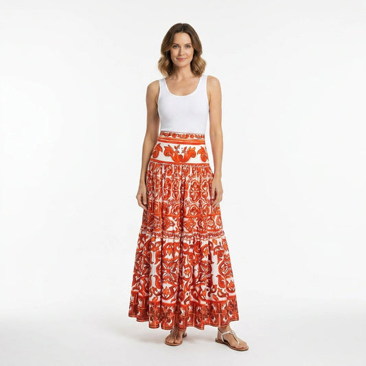 Orange Majolica Cotton Maxi Skirt