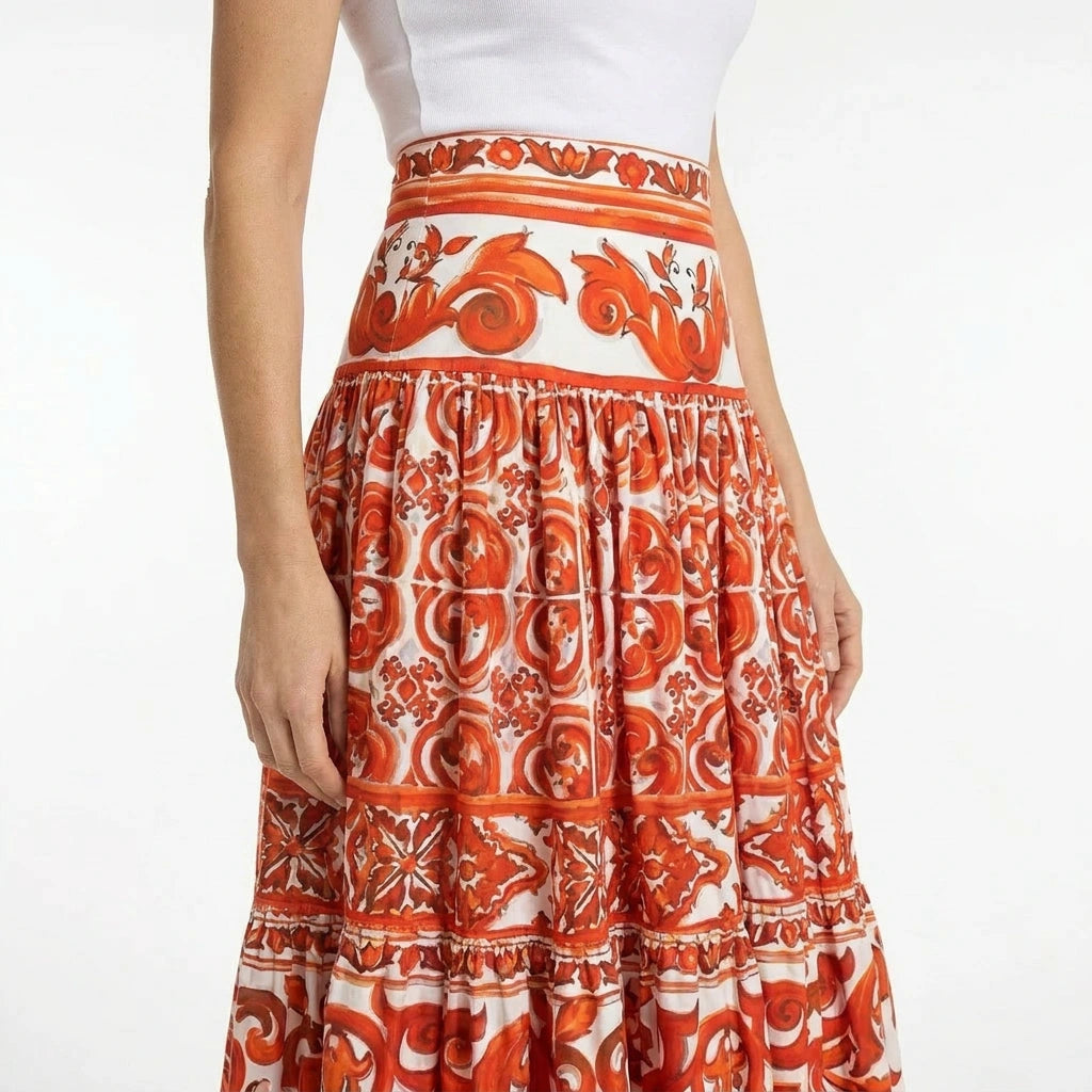 Orange Majolica Cotton Maxi Skirt