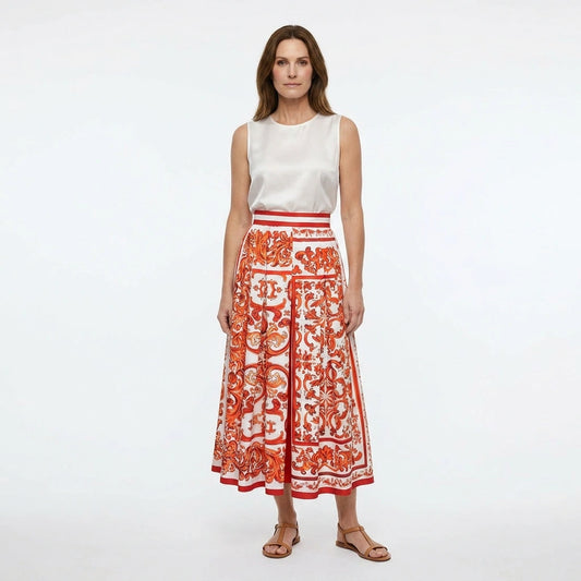 Orange Majolica cotton midi skirt