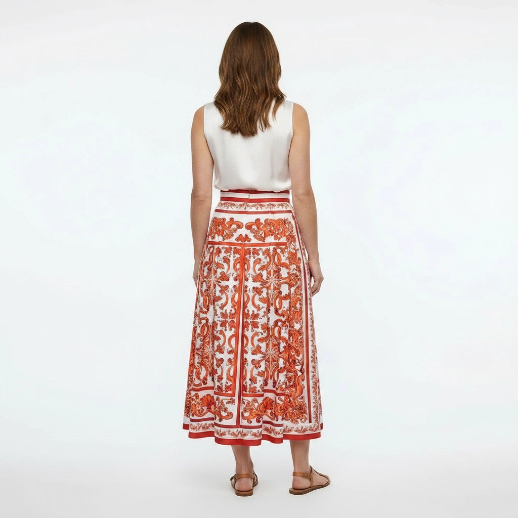 Orange Majolica cotton midi skirt