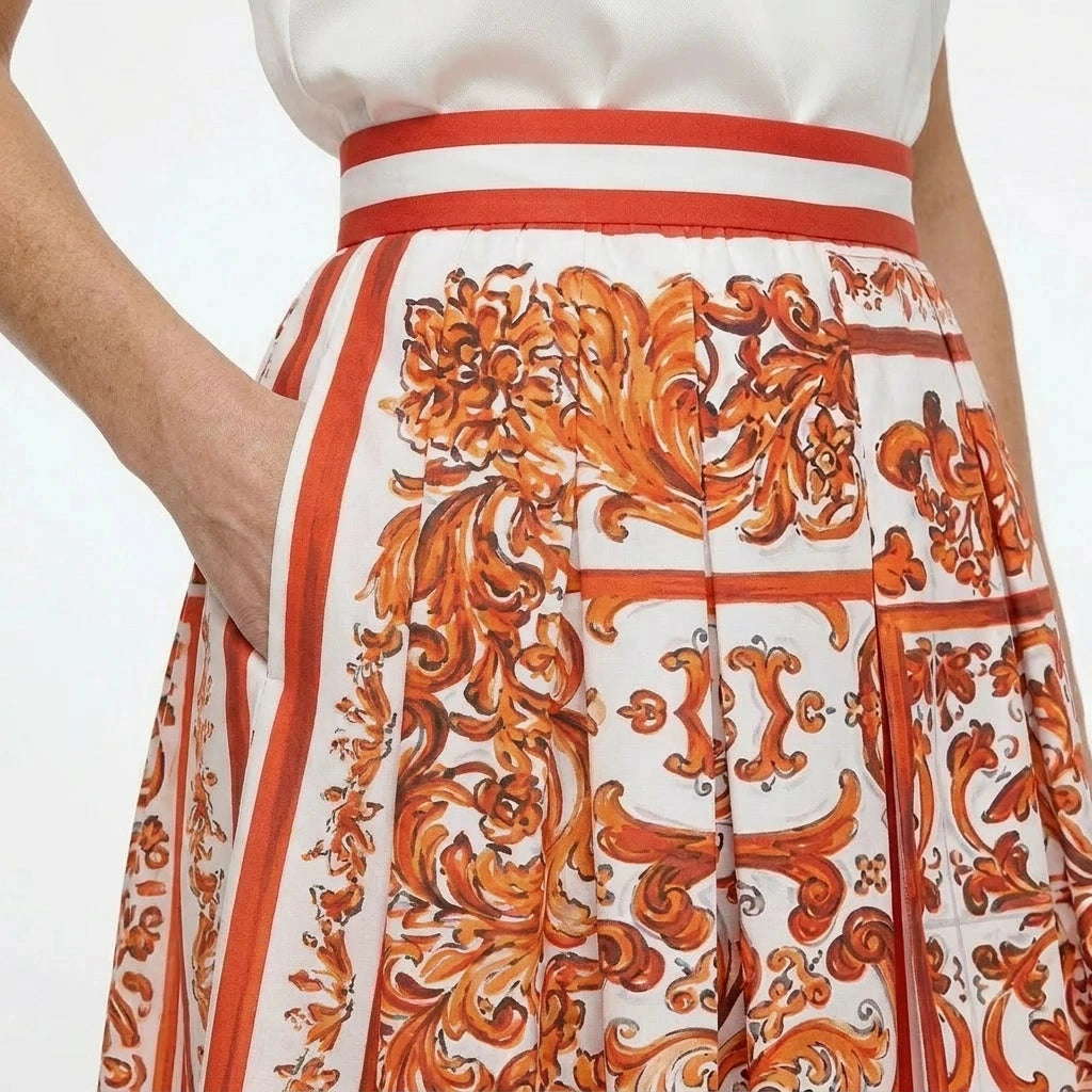 Orange Majolica cotton midi skirt