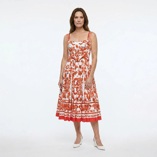 Orange Majolica Cotton Midi Dress with Padded Cups
