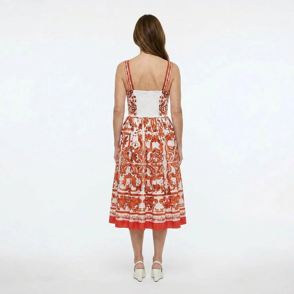 Orange Majolica Cotton Midi Dress with Padded Cups