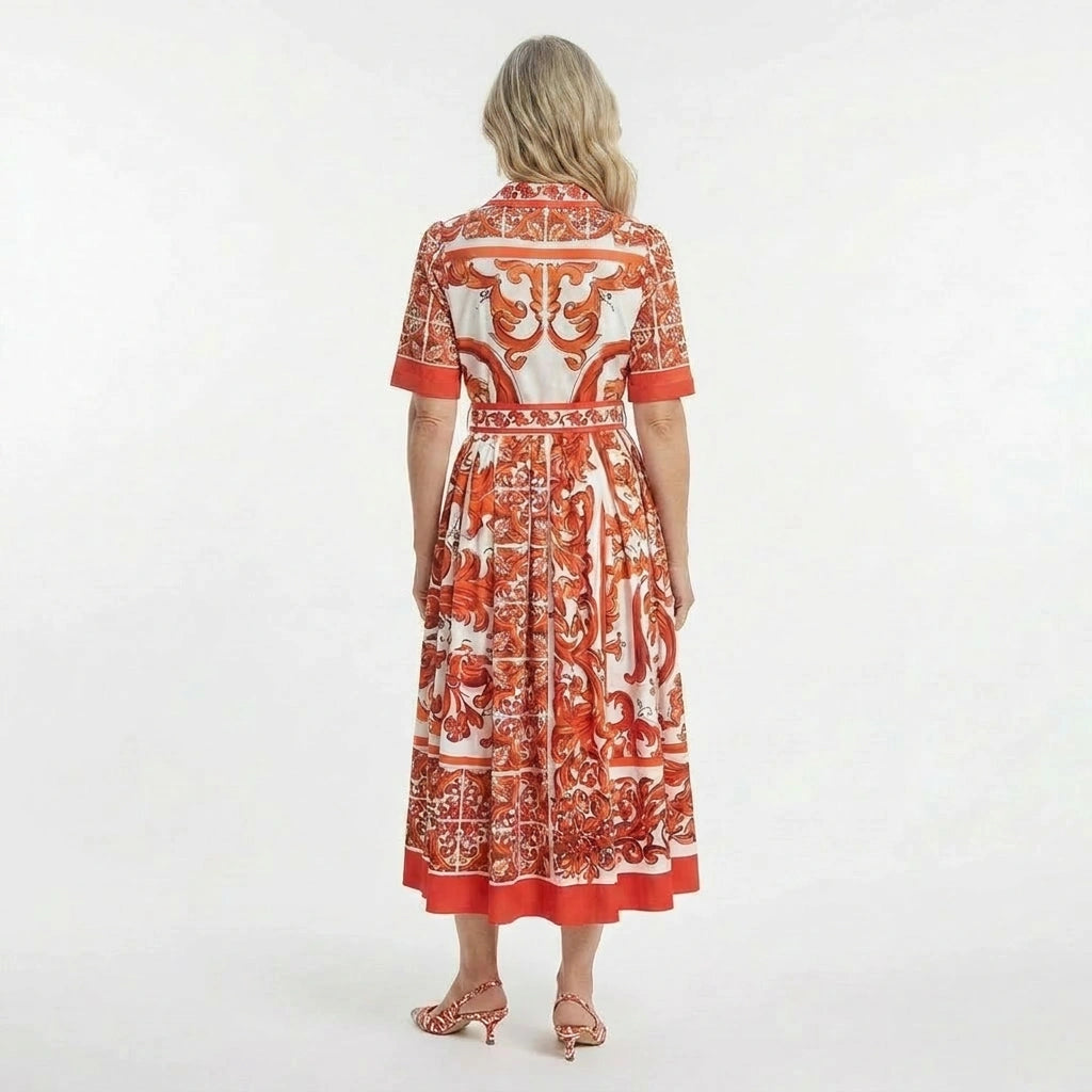 Orange Majolica Cotton Midi Shirt Dress