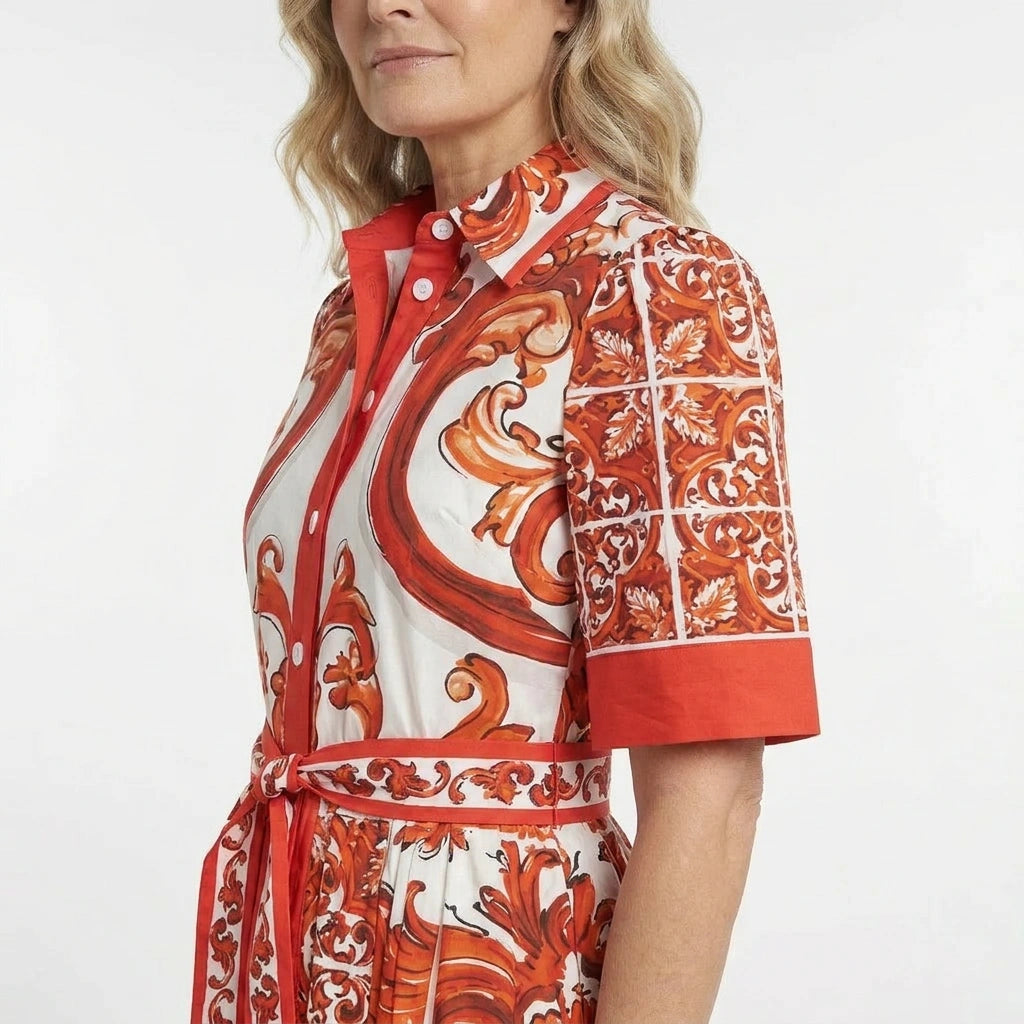 Orange Majolica Cotton Midi Shirt Dress