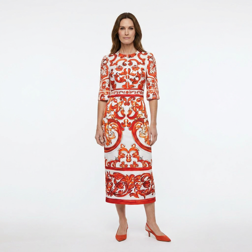 orange midi silk dress for destination weddings and summer events 