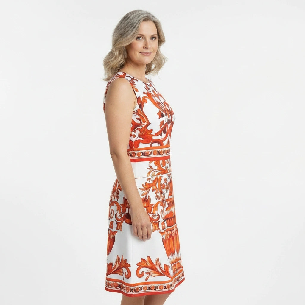 Orange Majolica Knee Length Cotton Dress