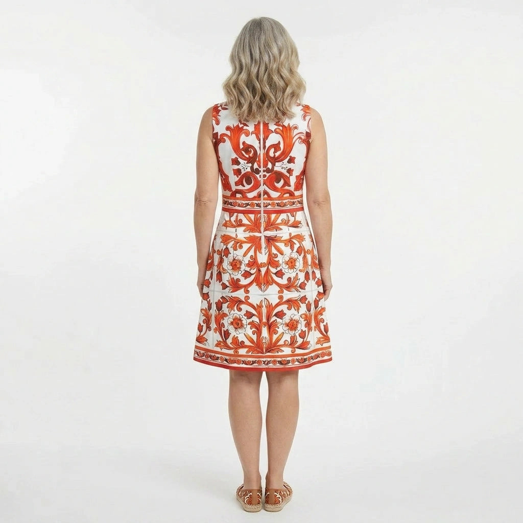 Orange Majolica Knee Length Cotton Dress