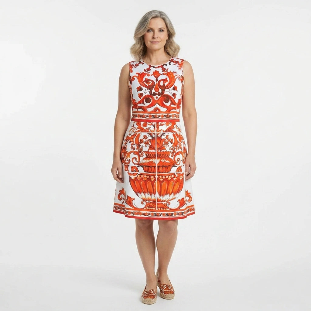 Orange Majolica Knee Length Cotton Dress