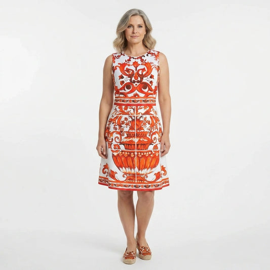 Orange Majolica Knee Length Cotton Dress
