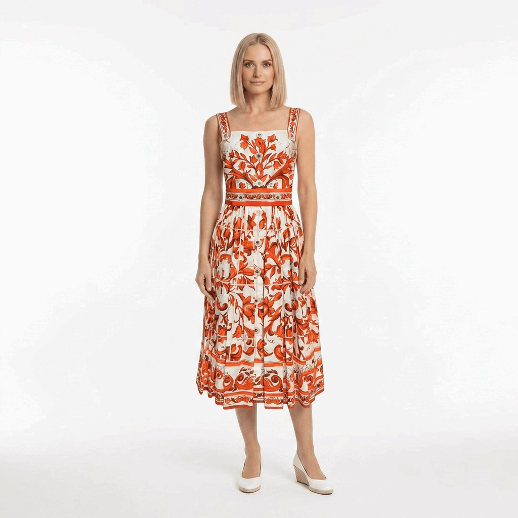Orange Majolica Cotton Midi Dress with Front Buttons