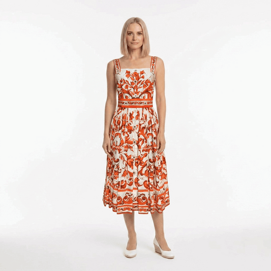 Orange Majolica Cotton Midi Dress with Front Buttons