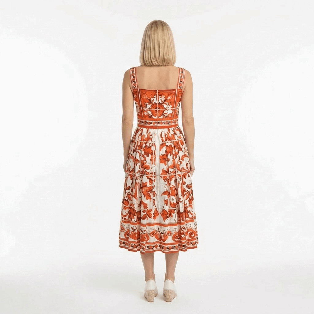 Orange Majolica Cotton Midi Dress with Front Buttons