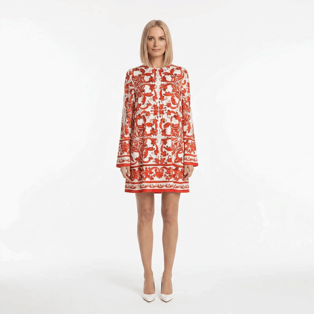 Orange Majolica Silk Mini Dress with Flared Sleeves