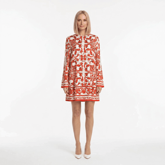 Orange Majolica Silk Mini Dress with Flared Sleeves