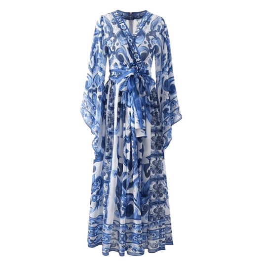 OUTLET: Italian Chiffon Blue Majolica print Flared sleeves maxi dress, SIZE S, M - Dress By Vicky